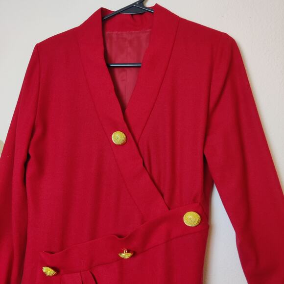 Vintage 80s Red Wool M/L Long Sleeve Blazer Dress Old Money Gold Buttons Preppy - Picture 3 of 11
